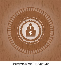 man working on computer icon inside retro style wooden emblem