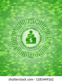 man working on computer icon inside green emblem with mosaic ecological style background
