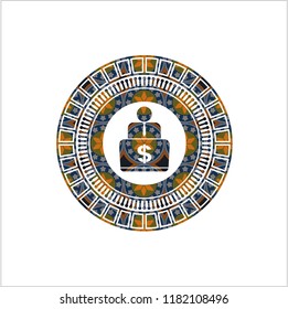  man working on computer icon inside arabic badge. Arabesque decoration.