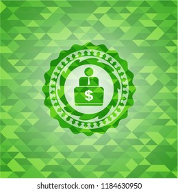 man working on computer icon inside realistic green emblem. Mosaic background