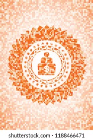 man working on computer icon inside orange tile background illustration. Square geometric mosaic seamless pattern with emblem inside.