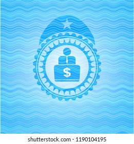 man working on computer icon inside water wave style emblem.