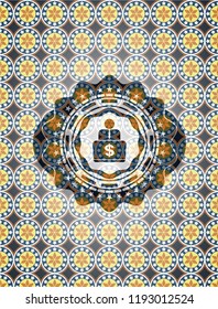 man working on computer icon inside arabic badge. Arabesque decoration.