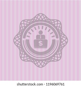 man working on computer icon inside pink emblem. Retro