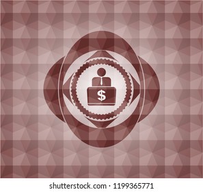 man working on computer icon inside red seamless emblem with geometric pattern.