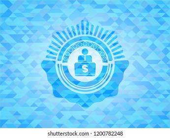 man working on computer icon inside realistic sky blue emblem. Mosaic background