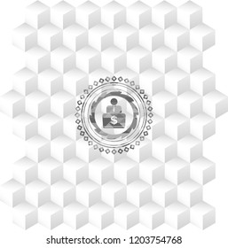 man working on computer icon inside grey emblem. Vintage with geometric cube white background