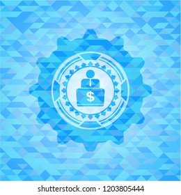 man working on computer icon inside light blue emblem with triangle mosaic background