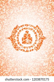 man working on computer icon inside abstract orange mosaic emblem