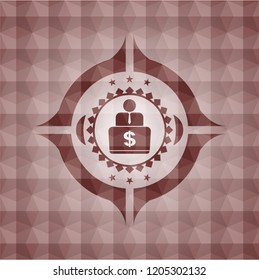 man working on computer icon inside red badge with geometric pattern background. Seamless.