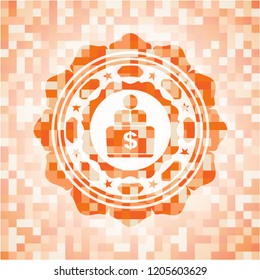 man working on computer icon inside orange tile background illustration. Square geometric mosaic seamless pattern with emblem inside.