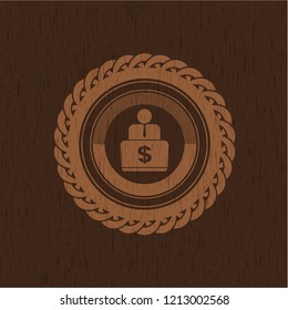 man working on computer icon inside wooden emblem. Vintage.