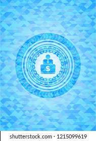 man working on computer icon inside light blue emblem with mosaic background