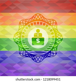 man working on computer icon on mosaic background with the colors of the LGBT flag