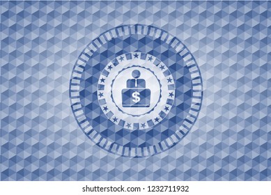 man working on computer icon inside blue emblem or badge with abstract geometric pattern background.