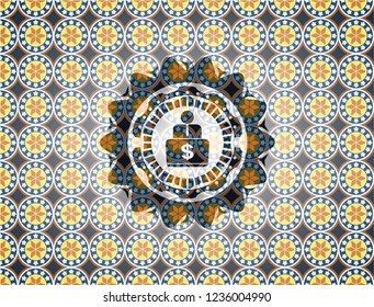 man working on computer icon inside arabesque emblem. arabic decoration.