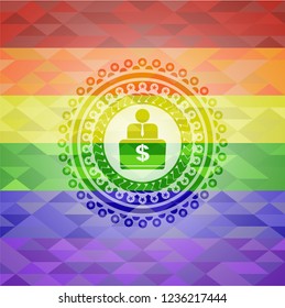 man working on computer icon inside emblem on mosaic background with the colors of the LGBT flag