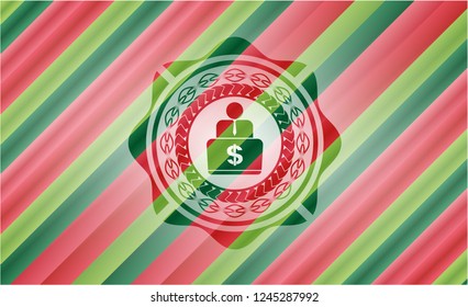 man working on computer icon inside christmas style emblem.