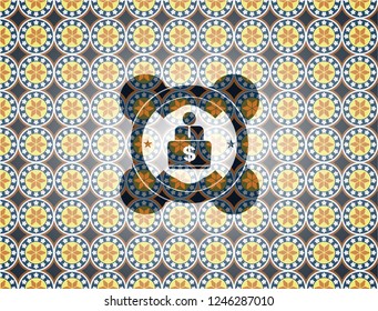 man working on computer icon inside arabic emblem background. Arabesque decoration.