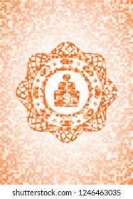 man working on computer icon inside orange mosaic emblem