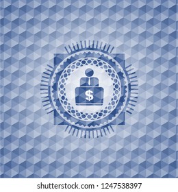 man working on computer icon inside blue badge with geometric background.