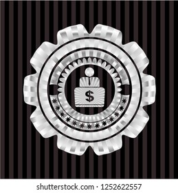 man working on computer icon inside silver badge or emblem