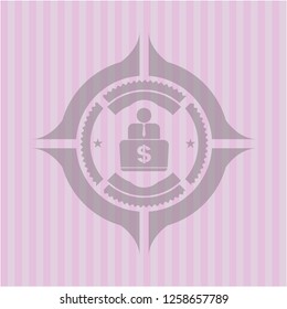 man working on computer icon inside pink emblem. Retro