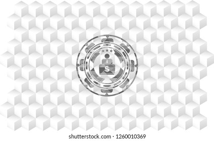 man working on computer icon inside realistic grey emblem with geometric cube white background