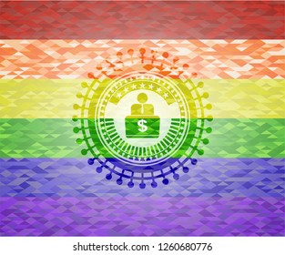 man working on computer icon on mosaic background with the colors of the LGBT flag