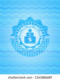 man working on computer icon inside light blue water style emblem.