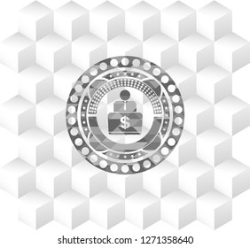 man working on computer icon inside grey emblem. Vintage with geometric cube white background