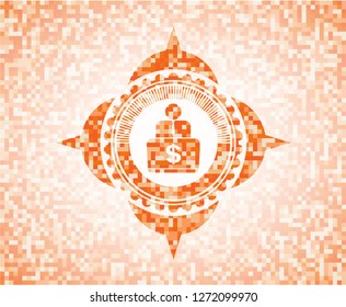 man working on computer icon inside abstract emblem, orange mosaic background
