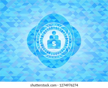 man working on computer icon inside sky blue emblem. Mosaic background