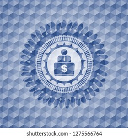 man working on computer icon inside blue polygonal emblem.