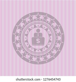 man working on computer icon inside realistic pink emblem