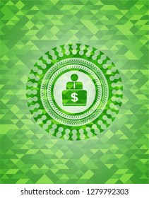 man working on computer icon inside realistic green emblem. Mosaic background