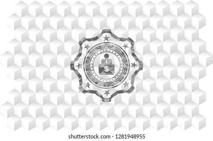 man working on computer icon inside realistic grey emblem with cube white background
