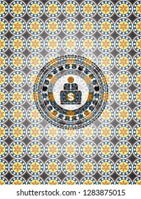 man working on computer icon inside arabesque emblem. arabic decoration.