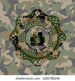 man working on computer icon inside camouflage emblem