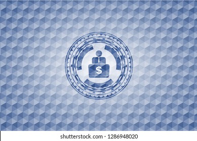 man working on computer icon inside blue hexagon emblem.