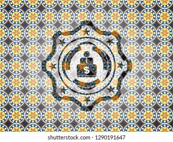 man working on computer icon inside arabesque badge. arabic decoration.