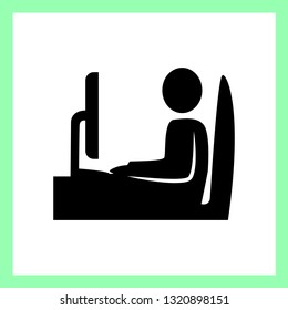 Man working on computer icon, vector illustration, black silhouette office worker