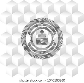 man working on computer icon inside grey icon or emblem with geometric cube white background