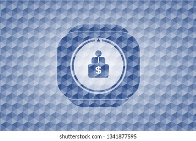man working on computer icon inside blue emblem or badge with abstract geometric pattern background.