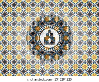 man working on computer icon inside arabesque style emblem. arabic decoration.