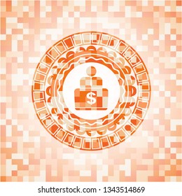man working on computer icon inside abstract orange mosaic emblem with background