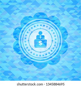 man working on computer icon inside realistic sky blue emblem. Mosaic background