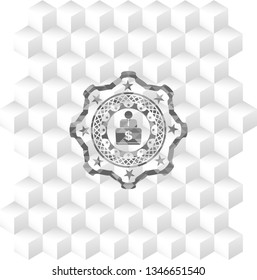man working on computer icon inside grey badge with geometric cube white background