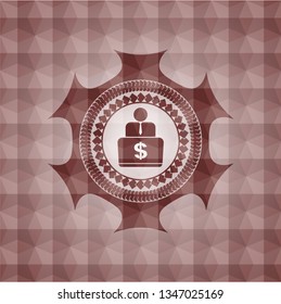 man working on computer icon inside red emblem with geometric pattern. Seamless.