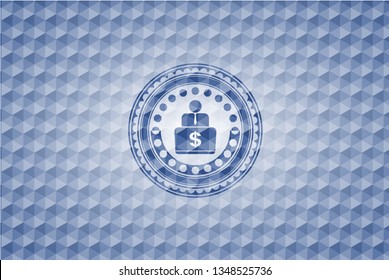 man working on computer icon inside blue emblem with geometric background.